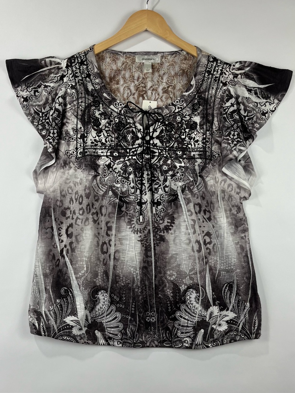 Dressbarn Lace Back Flutter Sleeve Blouse Gothic Romantic Boho NWT L